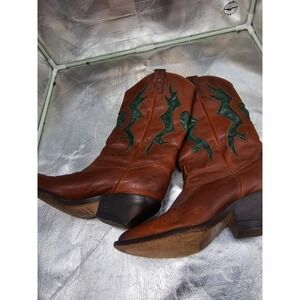 Vintage Zodiac Brown Teal Leather Western Cowboy Boots Made in USA 6.5M 1026010